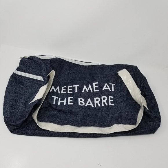 Workout Gear Gym Duffle Bag Meet Me At The Barre NWOT Fun Unisex Blue White Text - Picture 5 of 5